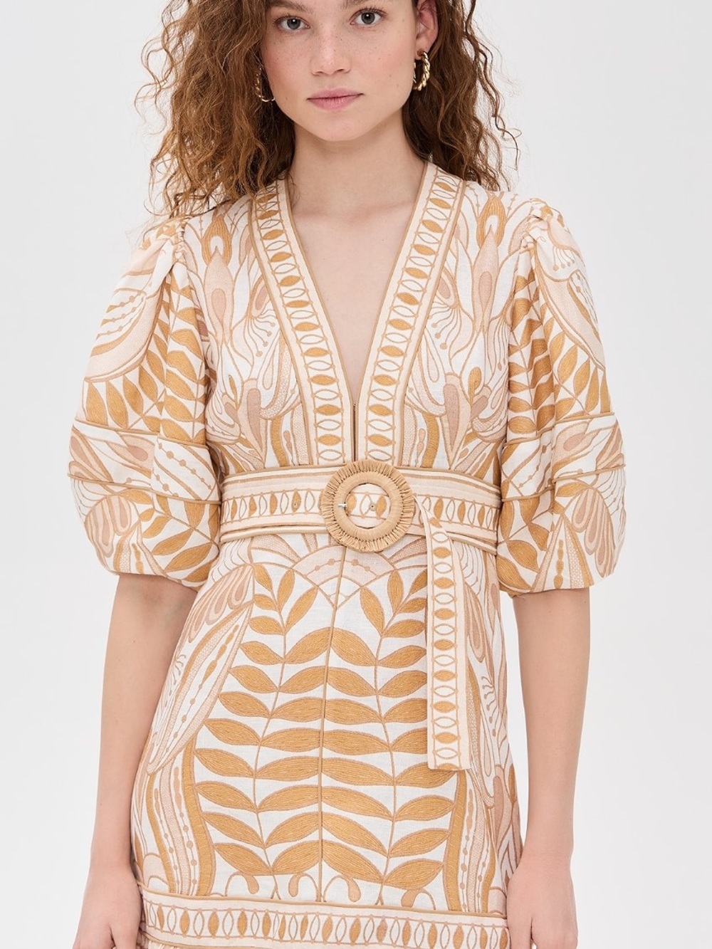 FARM Rio Lace Nature Short Sleeve Mini Dress with Woven Belt